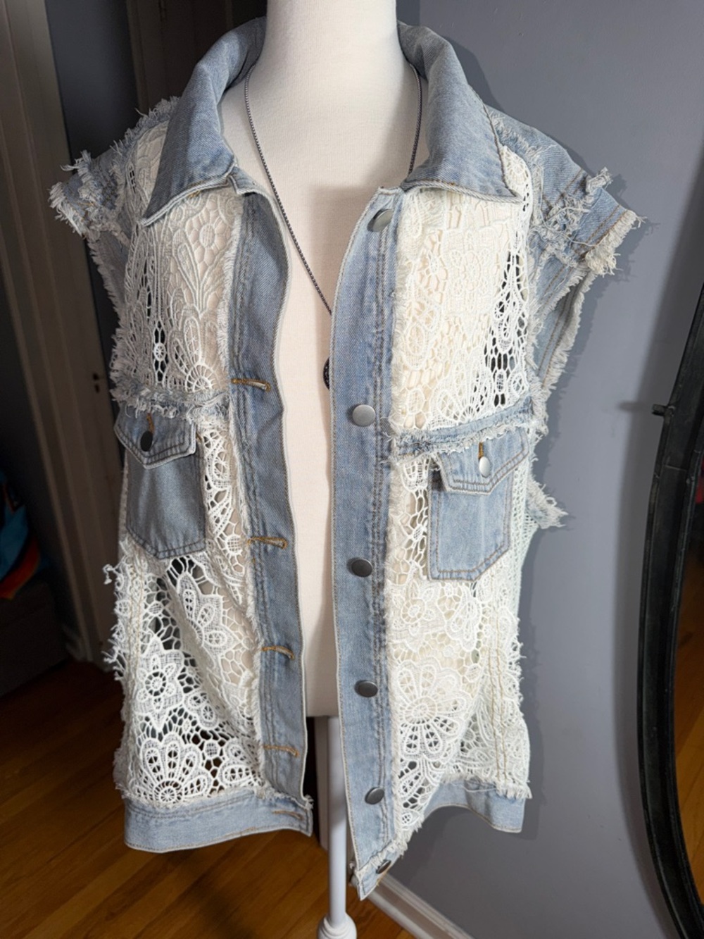 POL Light Blue Denim Vest with White Lace Inset - Picture 2 of 11